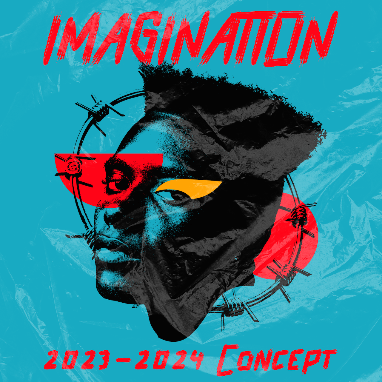 Image of a futuristic album cover with a African American centered on a blue background. At the top, the word "Imagination" is in red letters. At the bottom, 2023-2024 Concept is in red letters